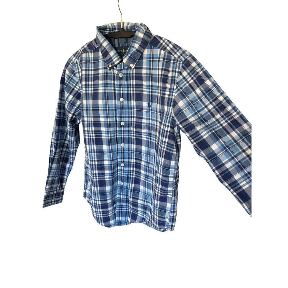 Boys Blue Plaid Button Down Shirt Ralph Lauren Size Medium 10 12